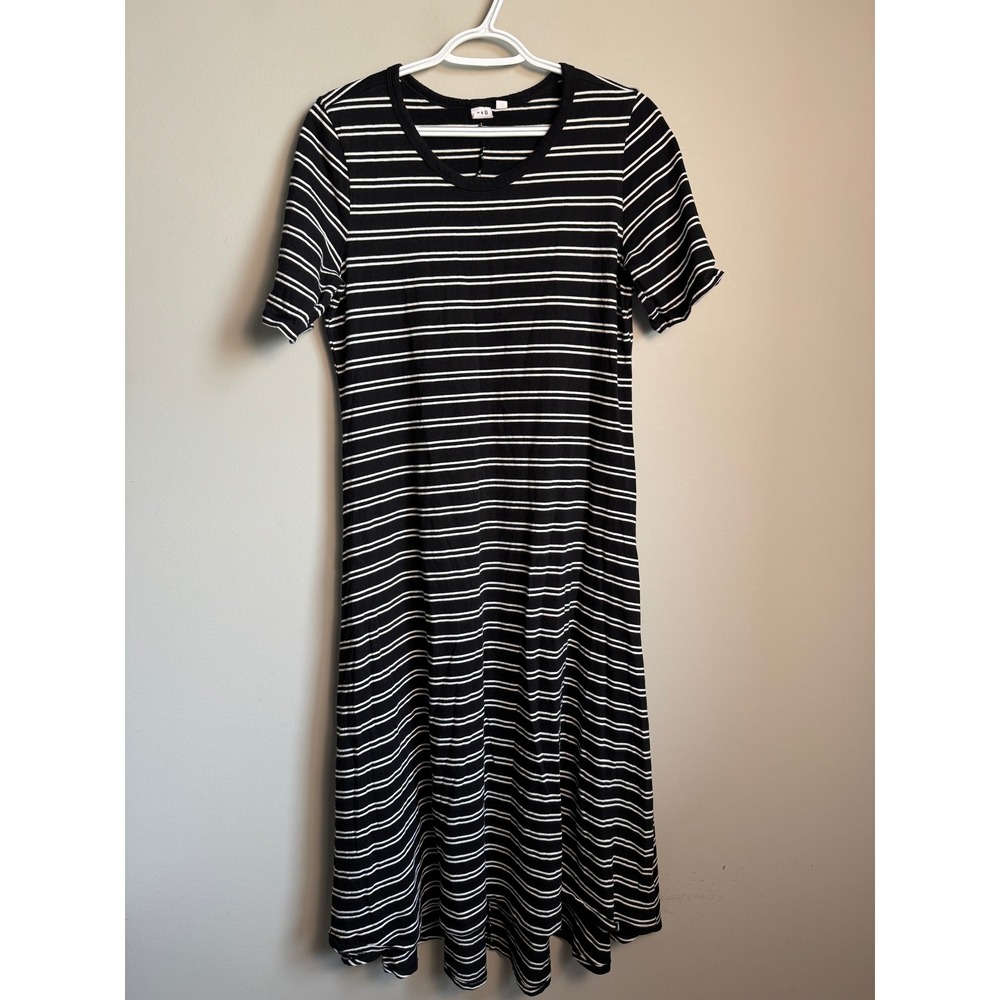 Gap Womens Black White Striped SS T-Shirt Midi Dress L Casual Classic Mod Preppy